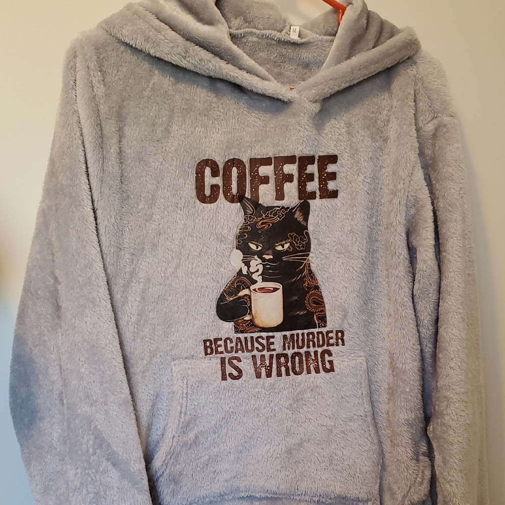 Gray Cat Graphic Hoodie Sweater